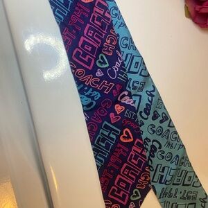 Coach Neon Logo Skinny Scarf in Navy, Teal & Pink